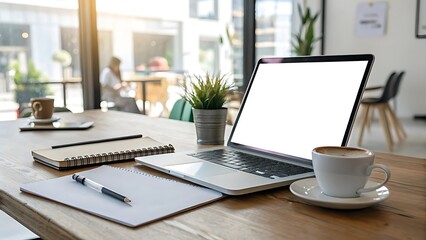 Fototapeta premium Modern laptop with empty white screen on wooden office desk with coffee and notebooks