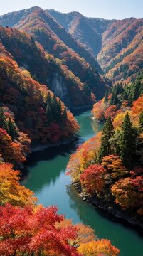 Mountain river winds through valley ablaze with autumn foliage. Red orange yellow leaves contrast with green pine trees and blue water. Serene Japanese highlands landscape.