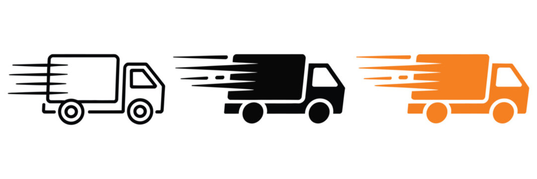 Fast Shipping Icon set, delivery truck, quick shipping, courier, freight, logistics, transport, e commerce, supply chain, and express delivery symbols in clean vector style.