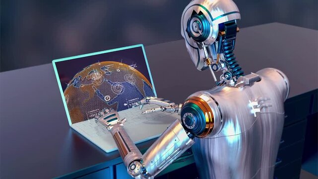 Robot analyst, 3D animation showing data entry and global map monitoring with numeric readouts and location markers, illustrating real time analytics, surveillance and decision support.