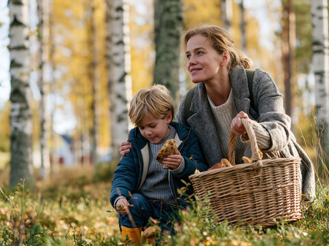 Mother and Son Mushroom Hunting with Wicker Basket in Birch Forest