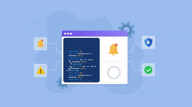 Animated cybersecurity interface with code, alert, notification, shield, and verification icons, representing software security, threat monitoring, system protection, and digital technology.