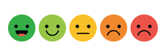 Fototapeta premium Feedback Emoticon Icon set, customer review rating scale, happy, sad, angry, good, bad, and medium mood symbols in green, yellow, orange, and red flat vector style.