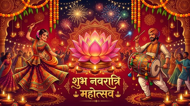 Navratri festival celebration with people dancing garba and playing drums under fireworks and a glowing lotus
