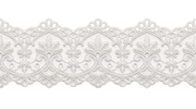White lace trim with floral pattern isolated on transparent background
