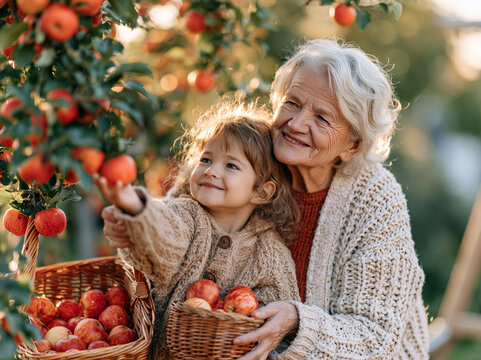 Happy Grandmother and Little Granddaughter Picking Fresh Red Apples in Autumn Orchard