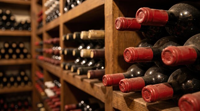 A close-up view of wine bottles with red wax seals stacked neatly on wooden shelves in a dimly lit rustic wine cellar, showcasing rows of aging wine bottles in the background. 