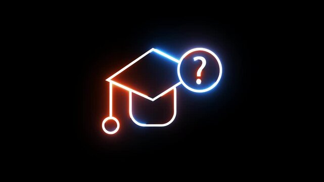 Graduation cap neon icon with question mark floating on black background in loop motion.