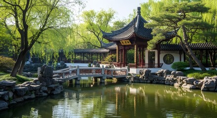Obraz premium Beautiful traditional Chinese garden with pagoda, bridge, tranquil water