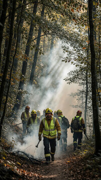 Group of firefighters walk through smoky forest path during wildfire. Crew wearing yellow safety vests, gear fight forest fire in woods. Emergency responders move along dirt trail amidst thick smoke