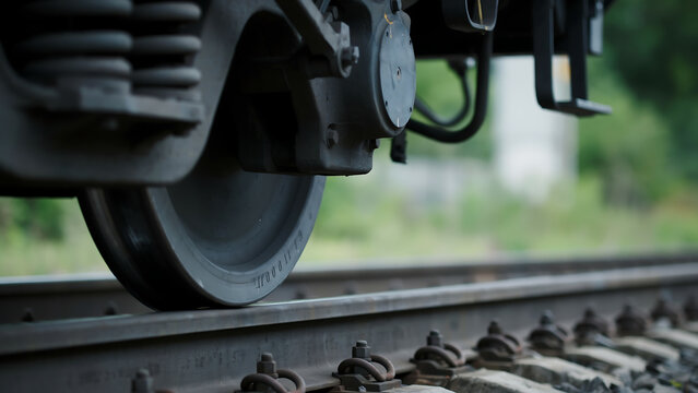 Macro view of train wheel mechanism on train tracks with transportation