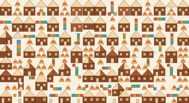 Minimalist geometric candy house pattern background, a repeating pattern of abstract candy house shapes made of simple colored squares and triangles (representing gumdrops and wafers), clean modern ve