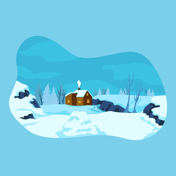 Flat illustration of a winter landscape with a cozy wooden house, smoking chimney, and snow-covered forest. Peaceful cold season scene for seasonal backgrounds and cards.
