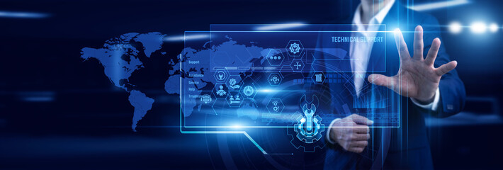 Obraz premium Agent touch active virtual screen offering Technical Support on the global map. Troubleshooting experts solve hardware issues. Reliable assistance keeps vital systems running smoothly now.