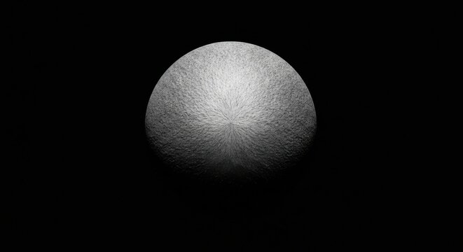 Single grey textured sphere floating in deep black space, abstract 3d render of a cratered moon or planet surface with soft lighting on one side, minimalist cosmic celestial body