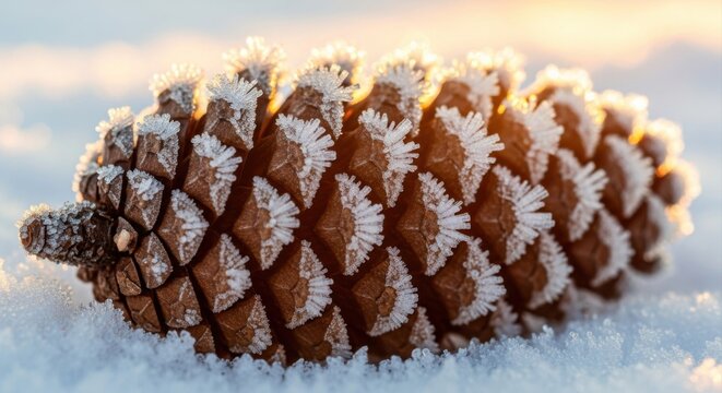 Single brown pine cone covered in white frost resting on a snowy surface during a cold winter day with soft golden sunlight illuminating the textured scales of the coniferous seed pod