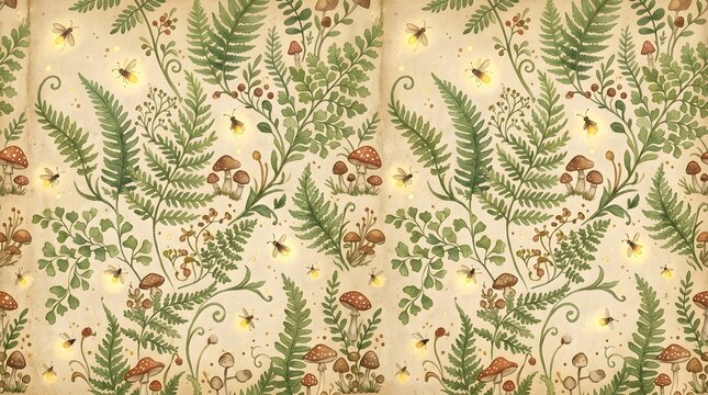 Enchanted forest seamless pattern with ferns mushrooms and fireflies for magical nature wallpaper and tile designs.