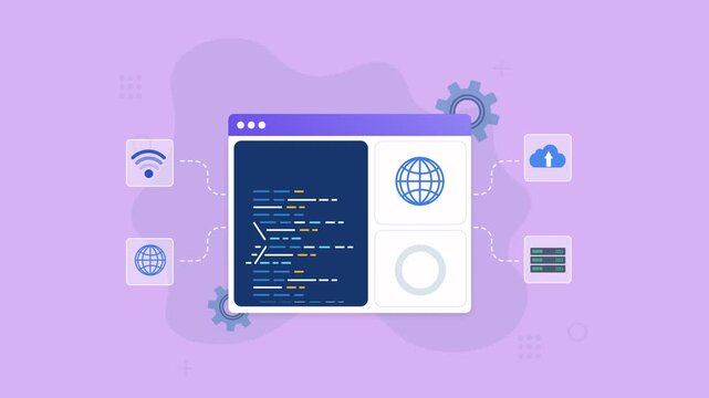 Animated web development interface with code, browser elements, cloud, globe, database, and network icons, representing software development, programming, web technology, and digital connectivity.