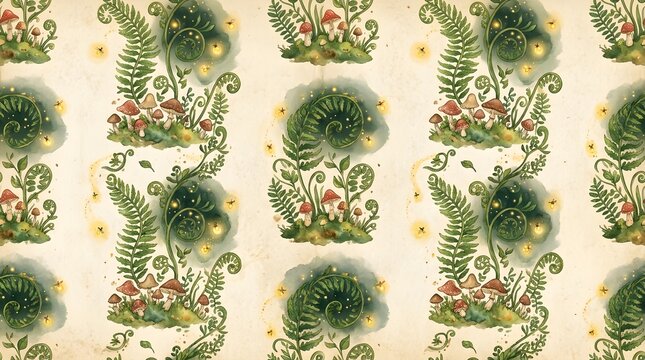Fantasy forest seamless pattern with ferns mushrooms and fireflies for enchanting nature background tile.
