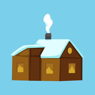 Flat illustration of a cozy wooden house with a snow-covered roof and smoking chimney, isolated on blue. Warm winter cottage element for seasonal scenes and designs.