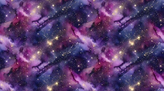 Watercolor galaxy space seamless pattern with purple nebula clouds and glowing gold star constellations for textile.