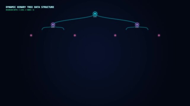 Dynamic binary tree data structure visualization showing expanding recursive nodes in an abstract digital motion animation for computer science background