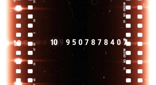 Vintage 35mm strip frame with sprocket holes, featuring a countdown timer with white numbers on a dark background, light leaks, dust, scratches, and a warm orange glow on the edges