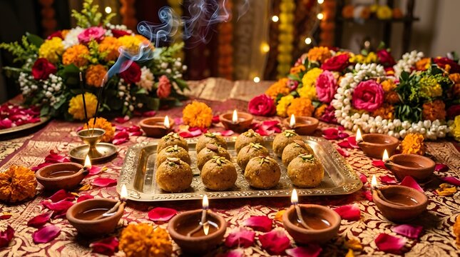 Traditional indian festival celebration with sweets and oil lamps