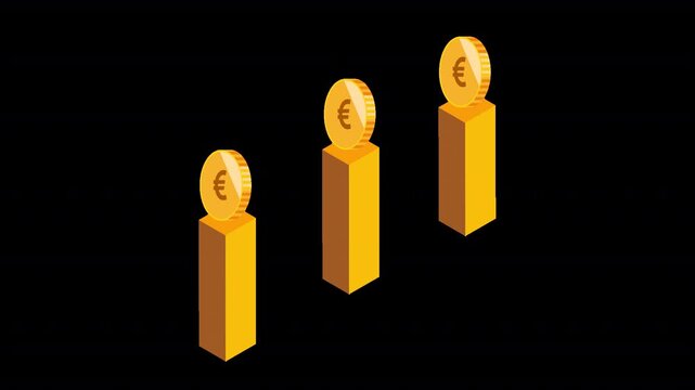3D Euro coin growth bar animation representing financial growth, investment, profit, wealth, and rising value. 6-second motion graphic with transparent background,