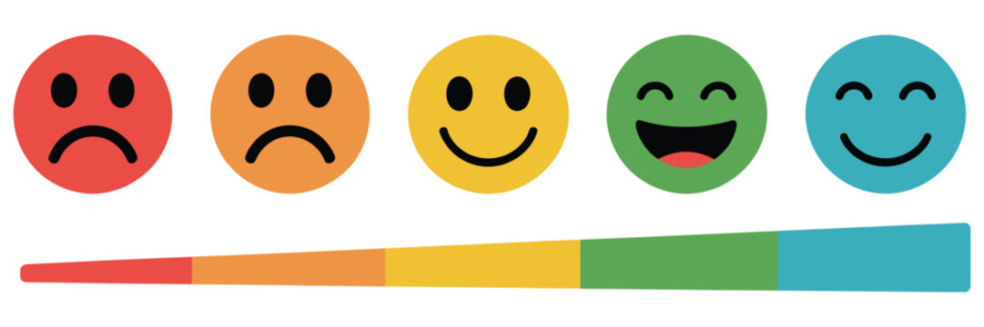 Emotion Rating Icon set, five-level mood scale, sad to happy faces, customer satisfaction, feedback, survey, evaluation, and UX symbols in colorful modern vector style.