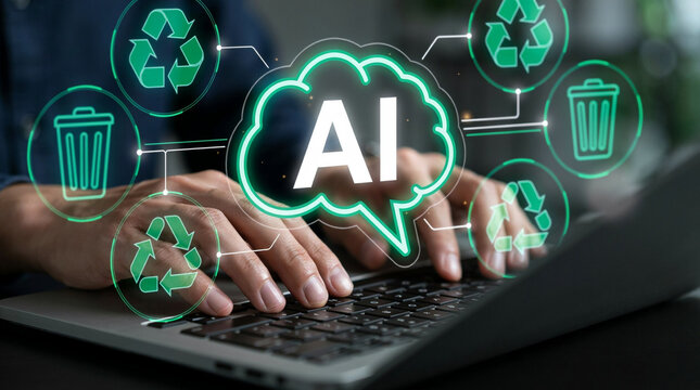Artificial Intelligence Recycling and Waste Management Concept: Hands Typing on Laptop with Digital AI Brain, Recycle Symbol and Trash Bin Icons for Sustainability, Circular Economy and Environmental 