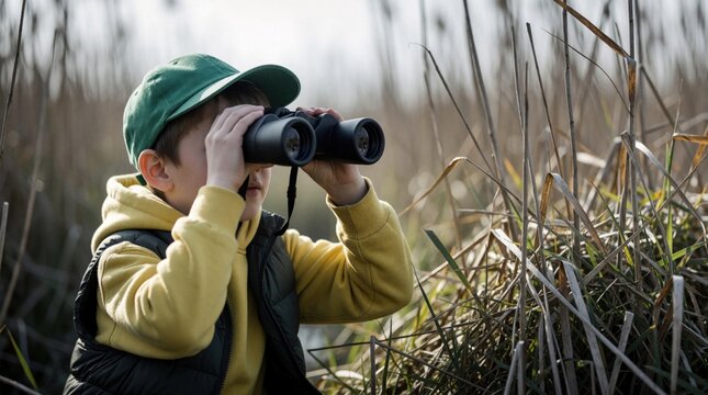 Young boy with green cap uses binoculars to observe nature in reeds. Child learns about wildlife and explores outdoors during daytime. Focuses on animals and surrounding plants.