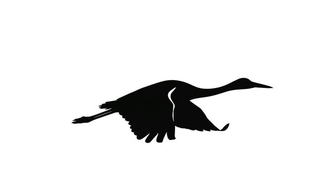Silhouette of crane flying gracefully across white background, dynamic bird motion.