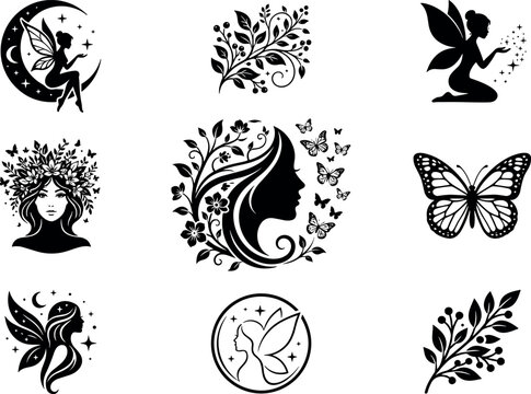 Mystical fairy woman silhouette glyph logo icon set featuring magical pixie butterfly crescent moon floral leaves branch crown stars for wellness beauty salon branding packaging layout