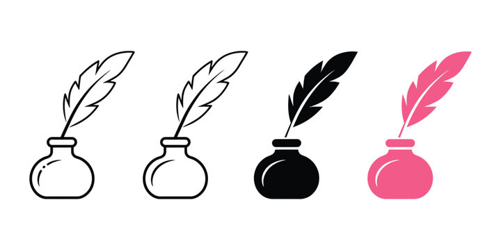 Set of minimalist feather quill and inkwell icons with multiple variations on transparent background, depicting retro writing instruments and classic stationery symbols