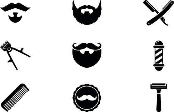 Barbershop salon elements gentleman grooming icon set featuring bearded man silhouette mustache razor clipper comb pole badge for branding packaging interface dashboard layout presentation website