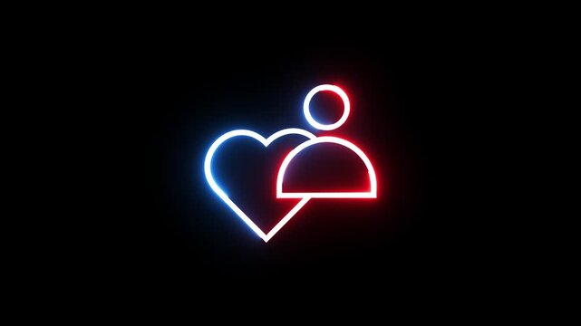 Neon heart person icon glowing in red and blue colors on black background motion footage.