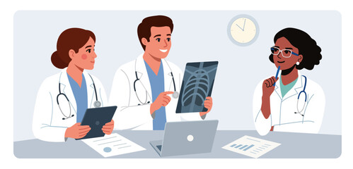Fototapeta premium Medical team discussing X-ray results during clinical consultation. flat vector illustration