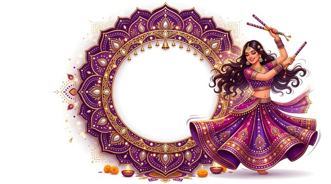 Beautiful woman dancing dandiya in purple lehenga next to ornate mandala frame isolated on white background