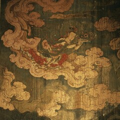 Ancient Chinese flying apsaras mural, vintage Buddhist painting with cloud pattern © 吴官华 吴官华