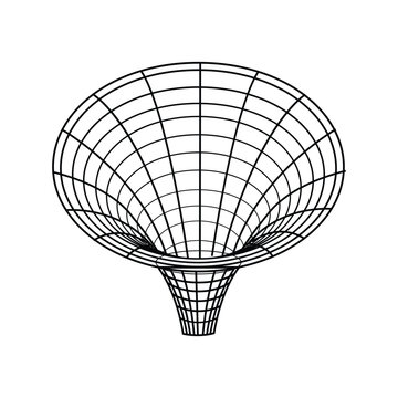 Black hole or wormhole concept showing a grid surface distorting into a funnel shape, illustrating gravitational pull and theoretical space time travel or universal physics