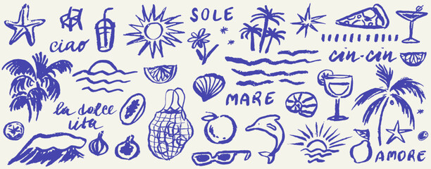 Naklejka premium Hand drawn doodle chalk or charcoal summer beach, sea and waves vector illustration set. Tropical coastal elements palm trees, exotic fruits, pizza and sun for t-shirts, posters, and placards prints.
