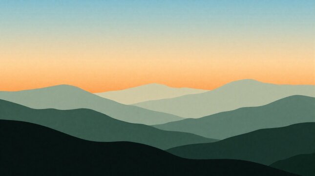 Layered mountain range gradient artwork. Rolling hills fade into a warm sunset sky. Minimalist landscape graphic with soft color palette. Outdoor scenic background.