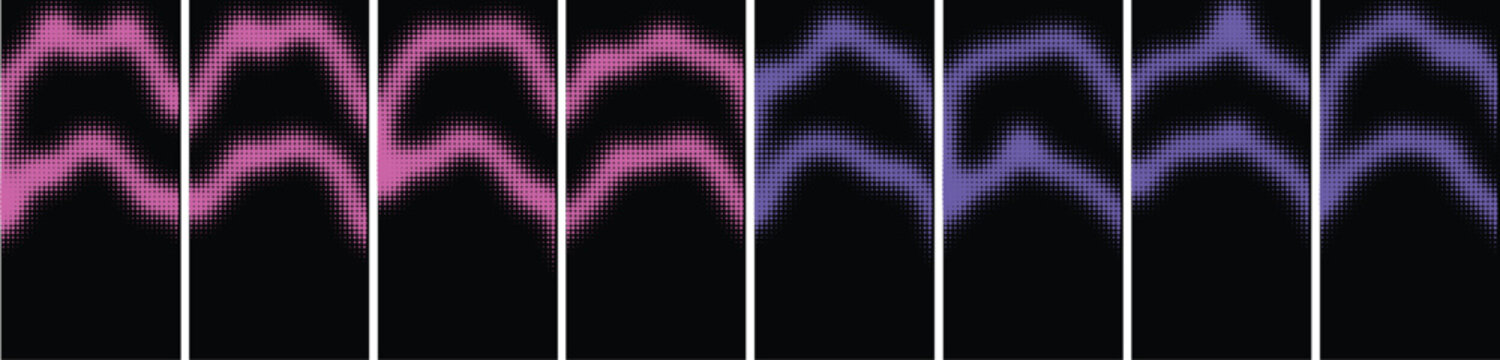 Set of Abstract Vertical Sound Wave and Audio Frequency Spectrum Panels with Glowing Pink and Purple Neon Waves