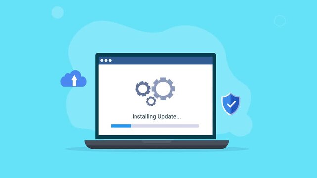 Animated laptop with installing update interface, gear icons, cloud symbol, and shield graphic, representing software updates, system maintenance, cybersecurity, and digital technology.