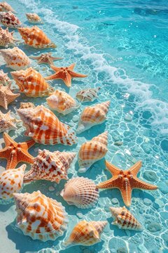 Colorful seashells, orange starfish lie on sandy shore under turquoise sea water. Clear ocean waves wash over marine life on tropical beach. Beautiful summer vacation background with exotic shells,