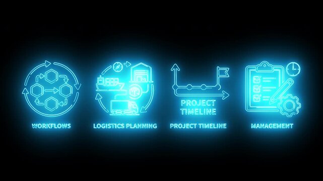 Futuristic blue neon process flow chart displaying logistics planning route optimization and project timeline milestones