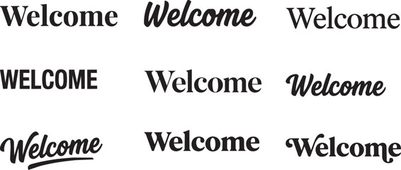 Obraz premium A collection of various welcome text designs featuring different artistic fonts and typography styles isolated on a white background