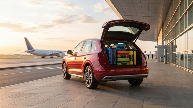Red SUV with open trunk packed with colorful luggage at an airport curbside drop-off, glass terminal building and jet on runway at sunrise