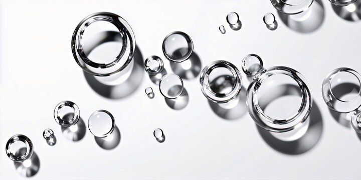 Chrome bubbles and reflective rings on a clean white surface with soft shadows, glossy luxury abstract texture for cosmetic packaging.

